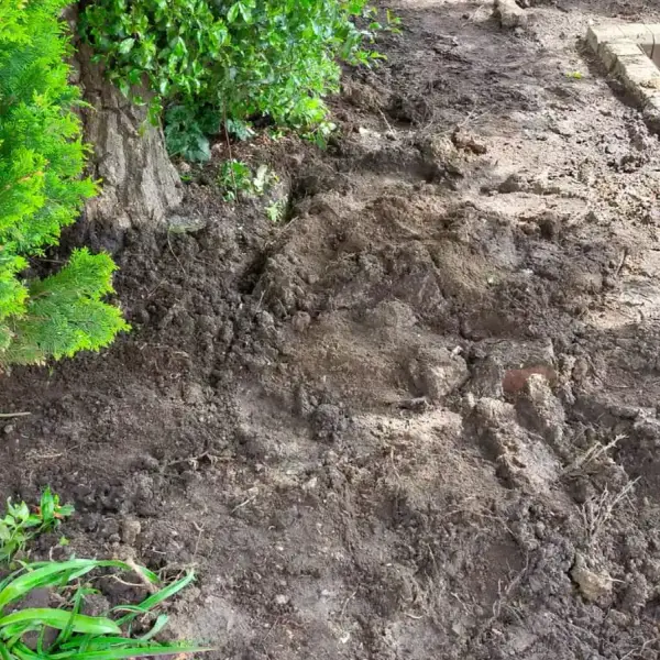 Trench dug to find a burst mains water supply under a front garden