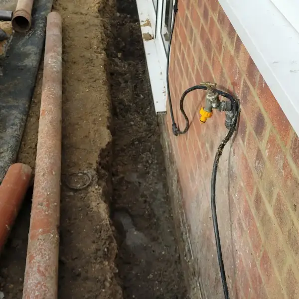 Trench and new drain pipe along a house wall for an ACO channel