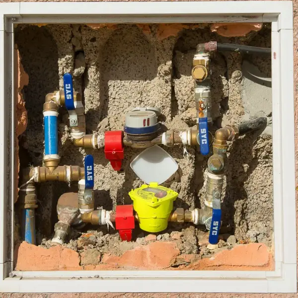 Detailed view of a complex water meter setup embedded in a concrete wall.